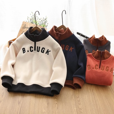 男童半高领加绒加厚卫衣冬装