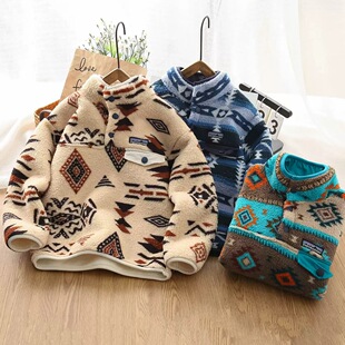 男童加绒卫衣洋气费尔岛半拉链摇粒绒卫衣加绒加厚保暖宽松上衣潮