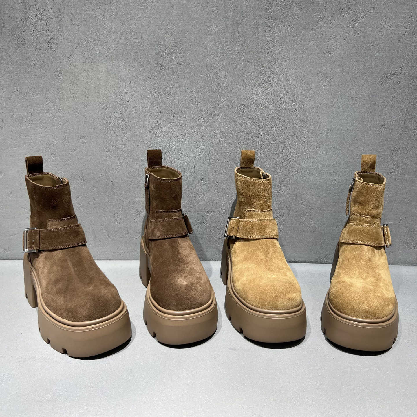 粗跟厚底侧拉链马丁靴皮带扣短靴