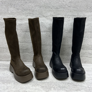 欧洲站乐魔女鞋2025秋季新款欧货弹力绒擦色厚底高筒长靴弹力靴女