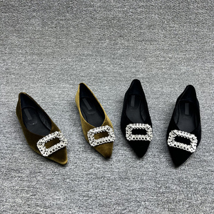 欧洲站2025秋季新款欧货真皮女鞋低跟平底尖头丝绒面浅口水钻单鞋