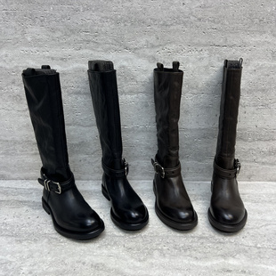 乐魔女鞋2025秋季新款欧货真皮胎牛皮粗跟皮带扣套筒骑士靴高筒靴