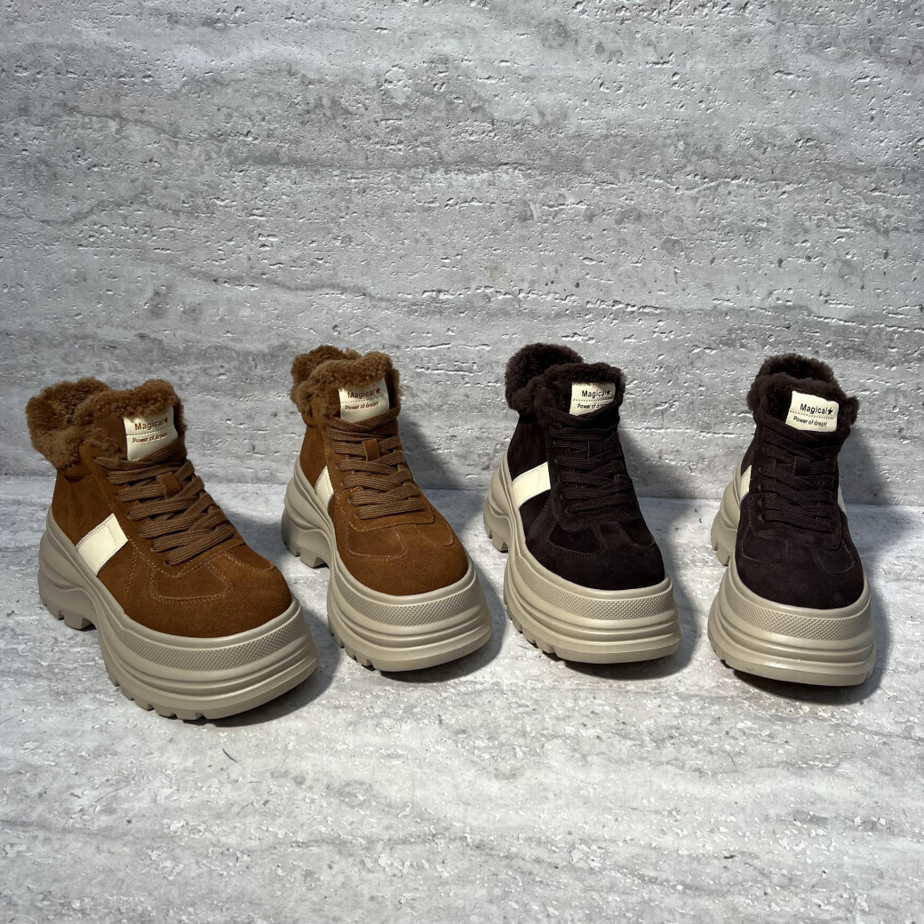 真皮松糕底系带加绒运动鞋棉鞋女