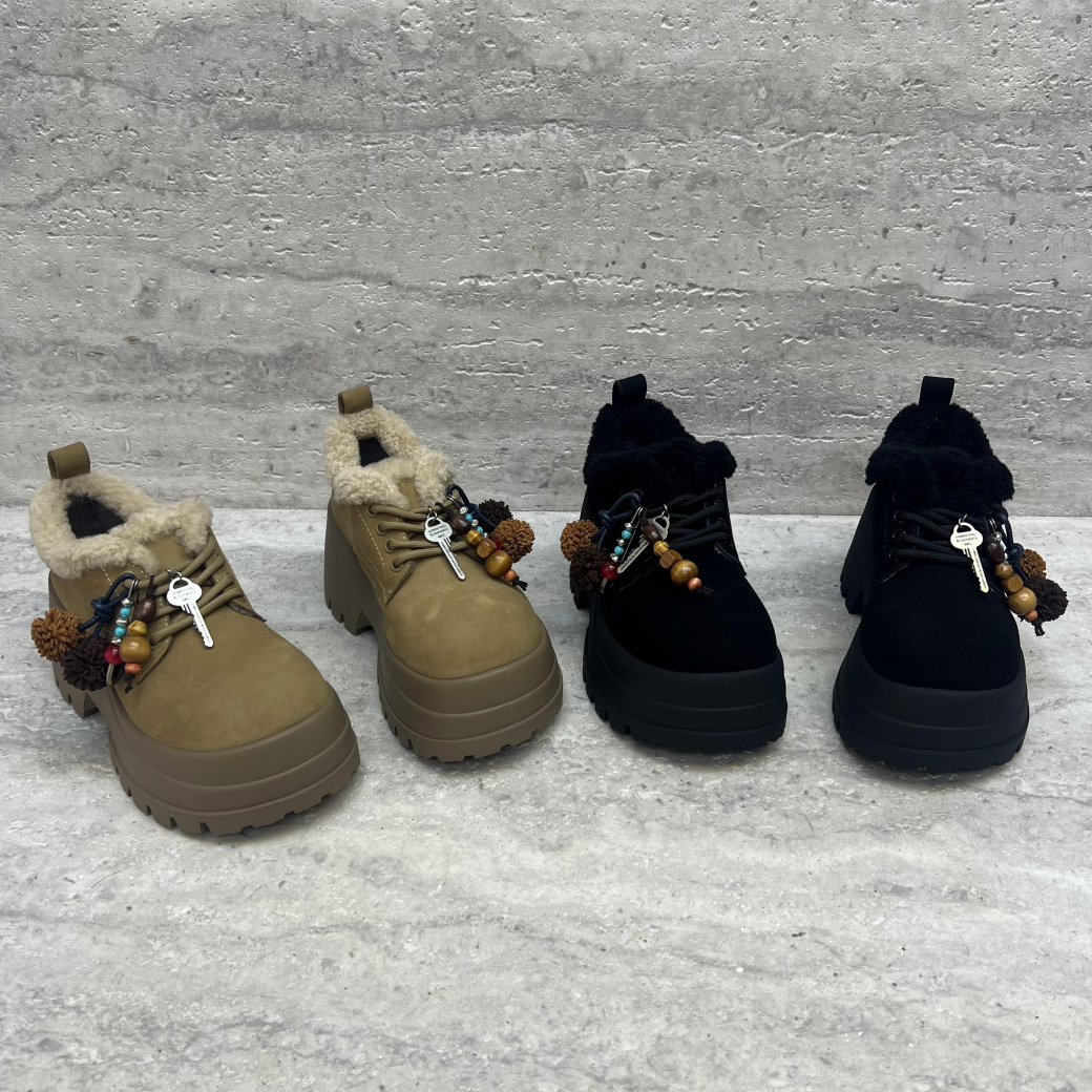 磨砂皮厚底系带串珠加绒保暖棉鞋