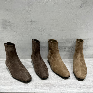 欧洲站先锋名典女鞋2025秋季新欧货真皮磨砂皮方头平跟后拉链短靴