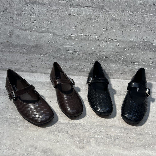 编织低跟浅口一字扣带玛丽珍鞋女