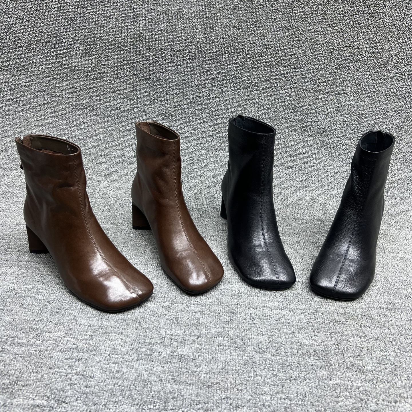 真皮后拉链粗跟方头英伦风短靴女