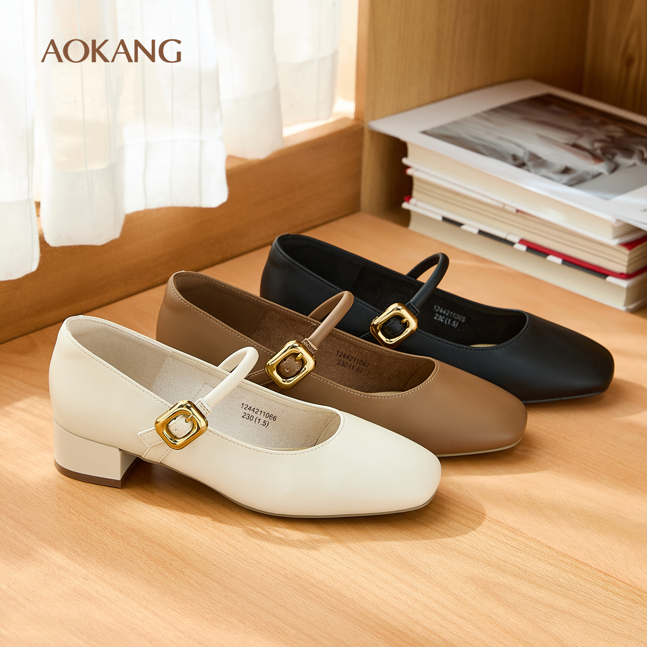 奥康女鞋复古简约粗跟玛丽珍鞋