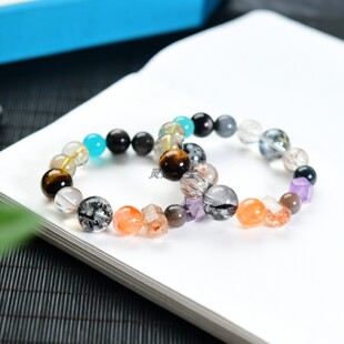 天然多宝水晶手链黑金超双尖黄胶花发晶紫水晶随形黄虎眼