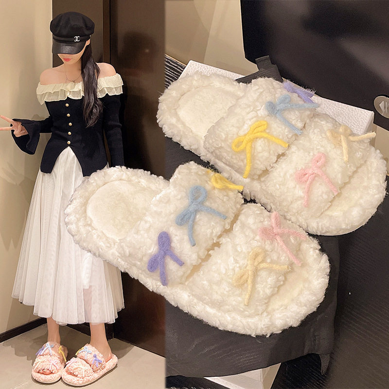 时尚蝴蝶结露趾拖鞋冬季外穿防滑平底一字棉拖居家软底懒人毛拖,女鞋,毛毛鞋,淘宝优惠券,粉丝福利购,淘宝优惠卷