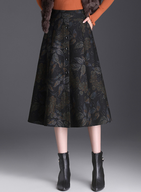 春季印花a字半身裙女2025新款毛呢裙高腰显瘦中长款垂感大摆0108z