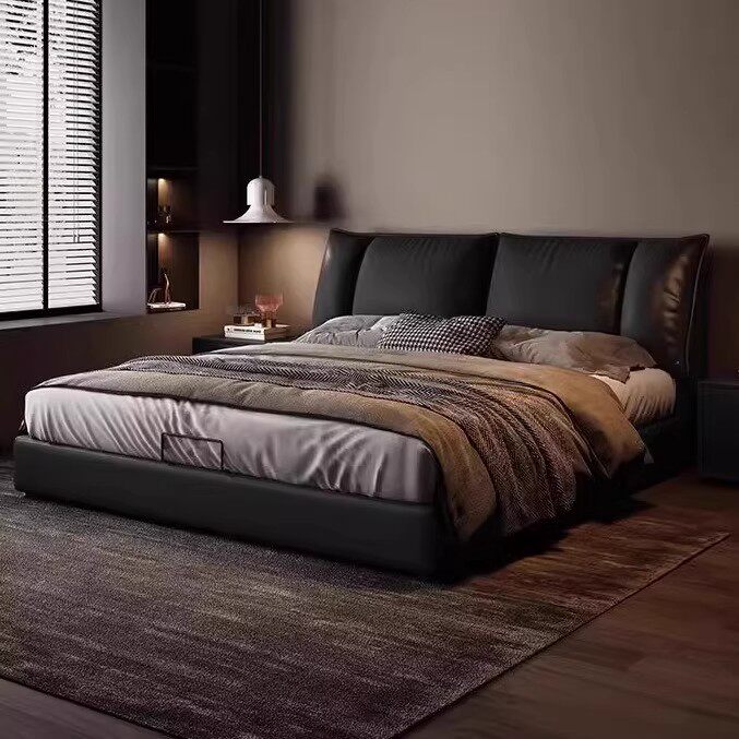 意式极简真皮床现代简约高端大气主卧大床1米8双人储物婚床软包床