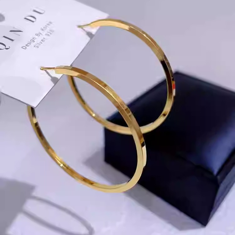 欧美简约金属风光面大耳圈S925银针圆形耳饰女显瘦百搭不过时耳环