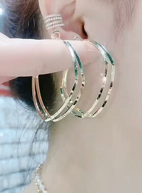 s925银针方形耳圈双层时尚耳饰