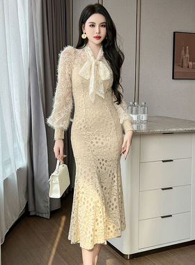2025秋装新款女装法式气质蝴蝶结减龄收腰泡泡袖鱼尾连衣裙70155