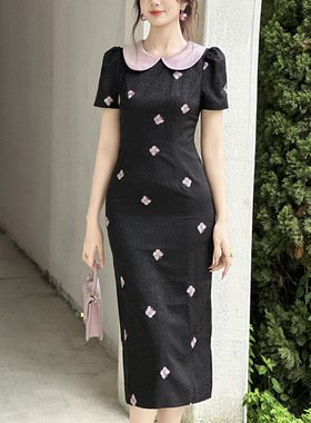 2025夏季新款女法式复古娃娃脸减龄气质修身包臀刺绣连衣裙15507