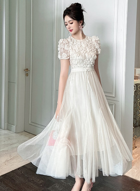 2025夏季新款女装甜美气质立体玫瑰花收腰网纱大摆连衣裙11554