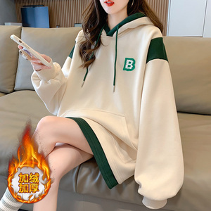 假两件连帽卫衣女加绒加厚2023秋冬新款胖mm大码宽大遮肉显瘦外套