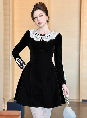 秋冬新款法式减龄娃娃领收腰丝绒连衣裙复古气质约会小礼裙45437