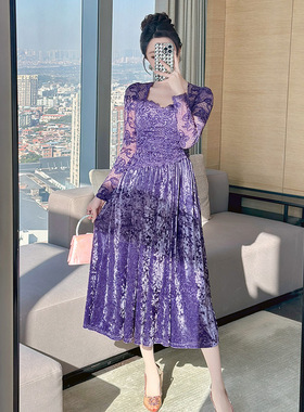 秋冬装新款女装优雅气质方领丝绒连衣裙刺绣泡泡袖收腰长裙21921