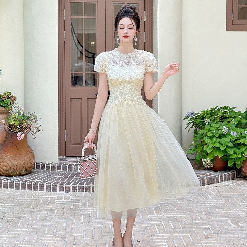 2025夏季新款女装法式重工蕾丝拼接收腰网纱仙女长款连衣裙15416