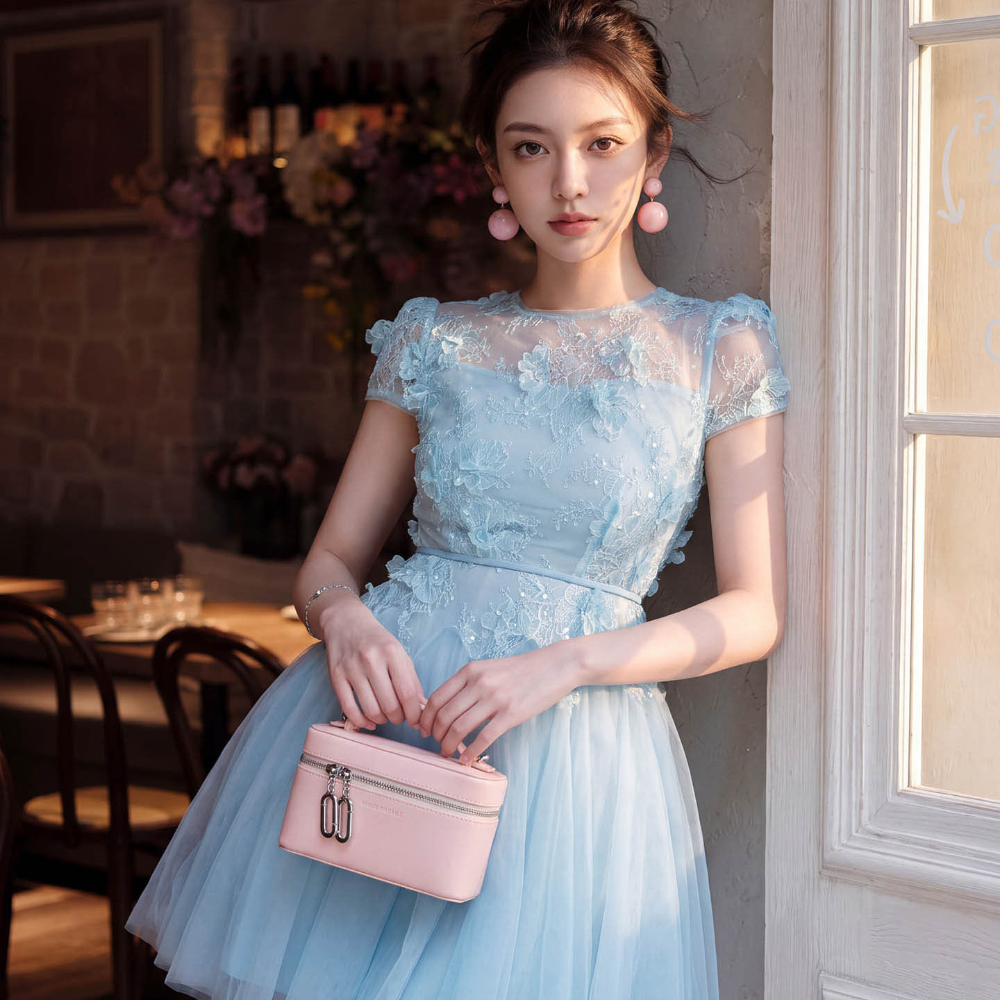 法式重工蕾丝仙女裙立体花网纱蓬蓬裙约会生日短连衣裙夏季22210