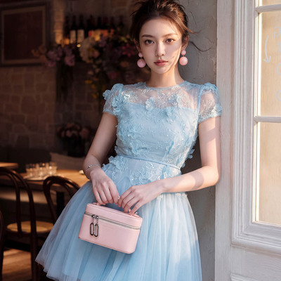 法式重工蕾丝仙女裙立体花网纱蓬蓬裙约会生日短连衣裙夏季22210