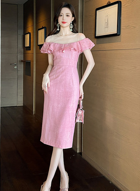 粉色礼服裙2025夏季新款女名媛荷叶边一字领收腰显瘦连衣裙21351