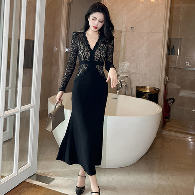 正式场合礼服长裙女秋季新款轻熟风气质收腰修身长袖连衣裙20698