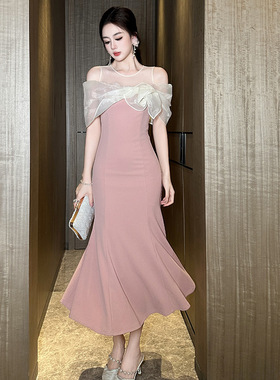 2025年夏新款设计感露肩订婚礼裙法式粉色连衣裙宴会晚礼服11522