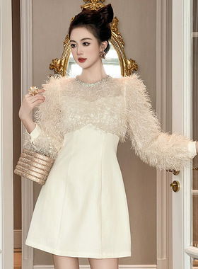 迷你裙子2025春装新款小香风气质毛毛泡泡袖收腰显瘦连衣裙21395