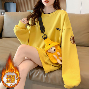 加绒加厚假两件小熊卫衣女小个子宽大韩系高级感超好看的上衣外套