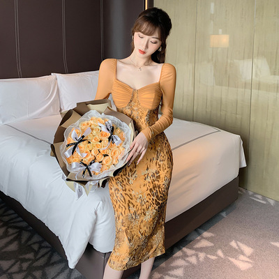 2025秋装新款女装纯欲风性感网纱拼接豹纹修身包臀连衣裙子20167