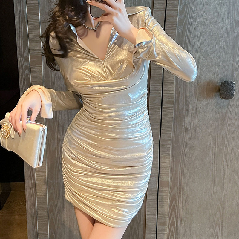 2025秋装新款女装纯欲风性感POLO领褶皱修身包臀衬衫连衣裙9677