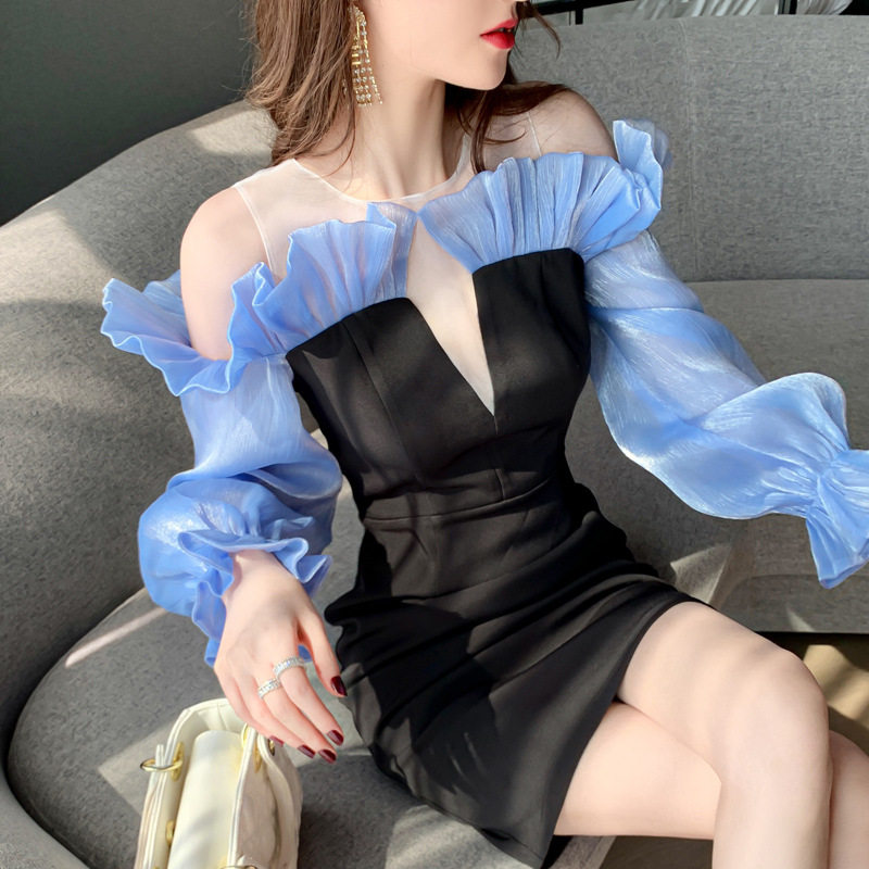 宴会晚礼服2025秋装新款欧美女装性感一字领荷叶边修身连衣裙4354