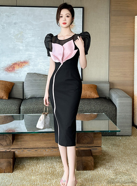 正式场合礼服裙2025夏季新款女装设计感花瓣拼接修身连衣裙30917