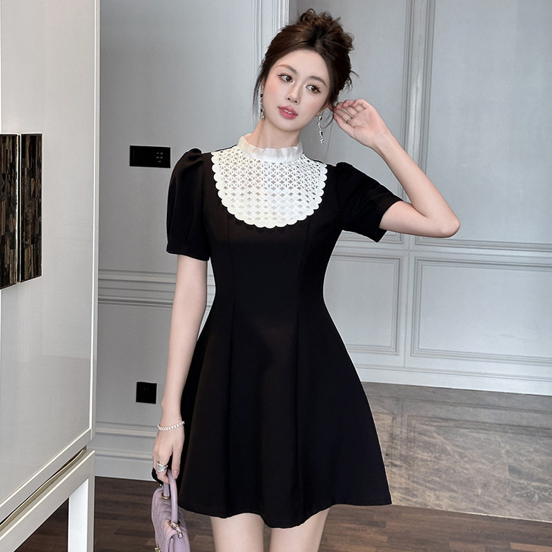 法式圆领赫本风连衣裙女气质千金短袖小黑裙生日礼服裙子9038