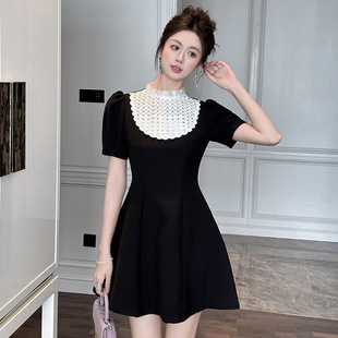 法式圆领赫本风连衣裙女气质千金短袖小黑裙生日礼服裙子9038