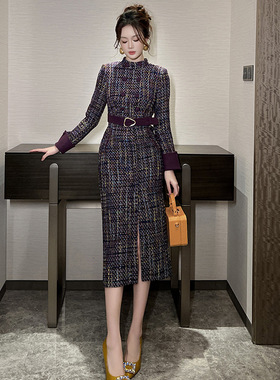 2025春装新款女小香风气质设计感双排扣收腰包臀毛呢连衣裙11490