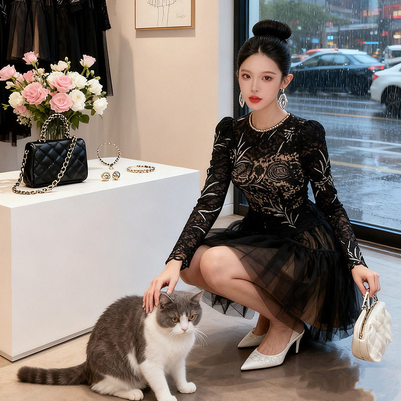 镶钻圆领收腰显瘦黑色蕾丝网纱拼接连衣裙女蓬蓬礼服短裙21930