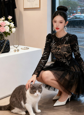 镶钻圆领收腰显瘦黑色蕾丝网纱拼接连衣裙女蓬蓬礼服短裙21930