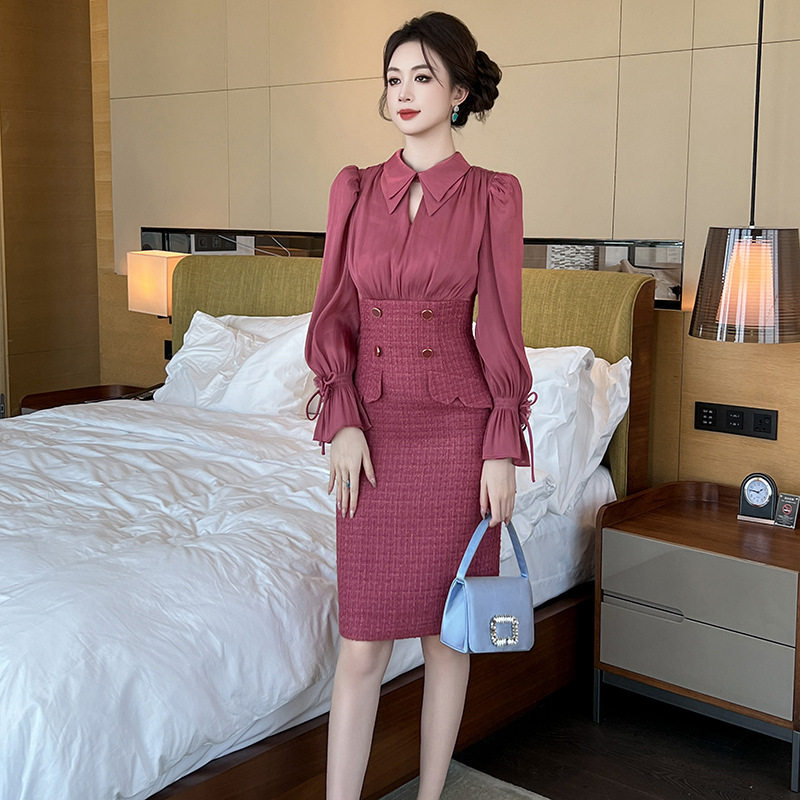 2025秋冬装新款女小香风气质娃娃领拼接呢子收腰修身连衣裙61108
