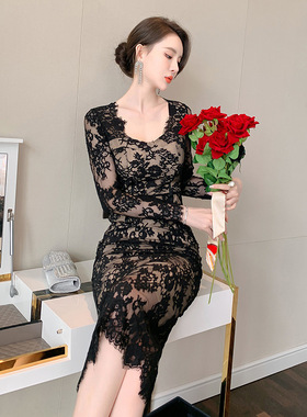 连衣裙女2025年新款秋季修身显瘦收腰黑色打底性感蕾丝包臀裙5404