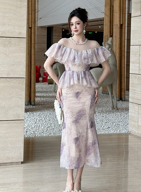 2026夏季新款法式设计感一字领荷叶边收腰假两件包臀连衣裙21652