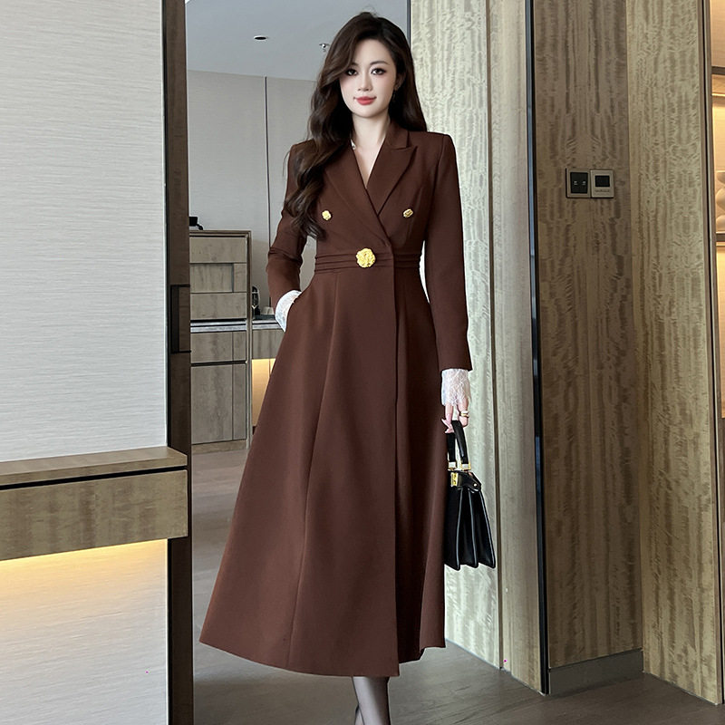 高个子加长版西装风衣外套女过膝西服2025春秋超长款大衣61119
