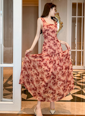 夏季新款法式气质披肩小外套无袖高腰大摆连衣裙雪纺两件套50302