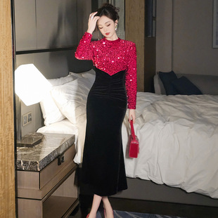 圆领亮片拼接修身 宴会晚礼服025春装 法式 女装 鱼尾连衣裙21595 新款