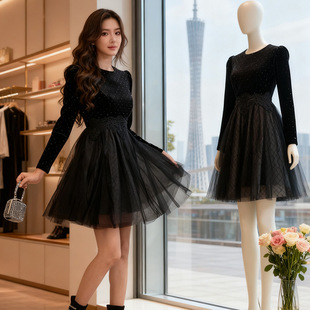 生日裙子千金风连衣裙女秋冬新款网纱蓬蓬公主裙丝绒小黑裙45411