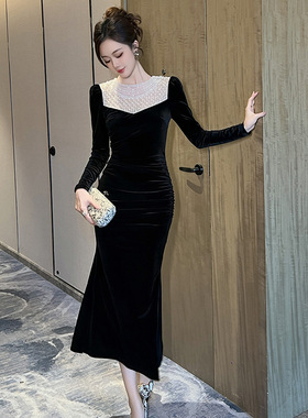 春季新款黑色丝绒连衣裙珍珠领长袖法式富家千金赫本风礼服21580