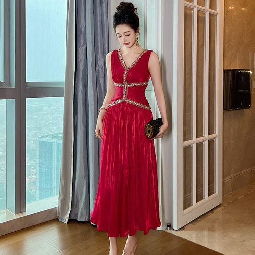 晚礼服裙2025夏季新款女装法式性感V领收腰雪纺长款连衣裙51060